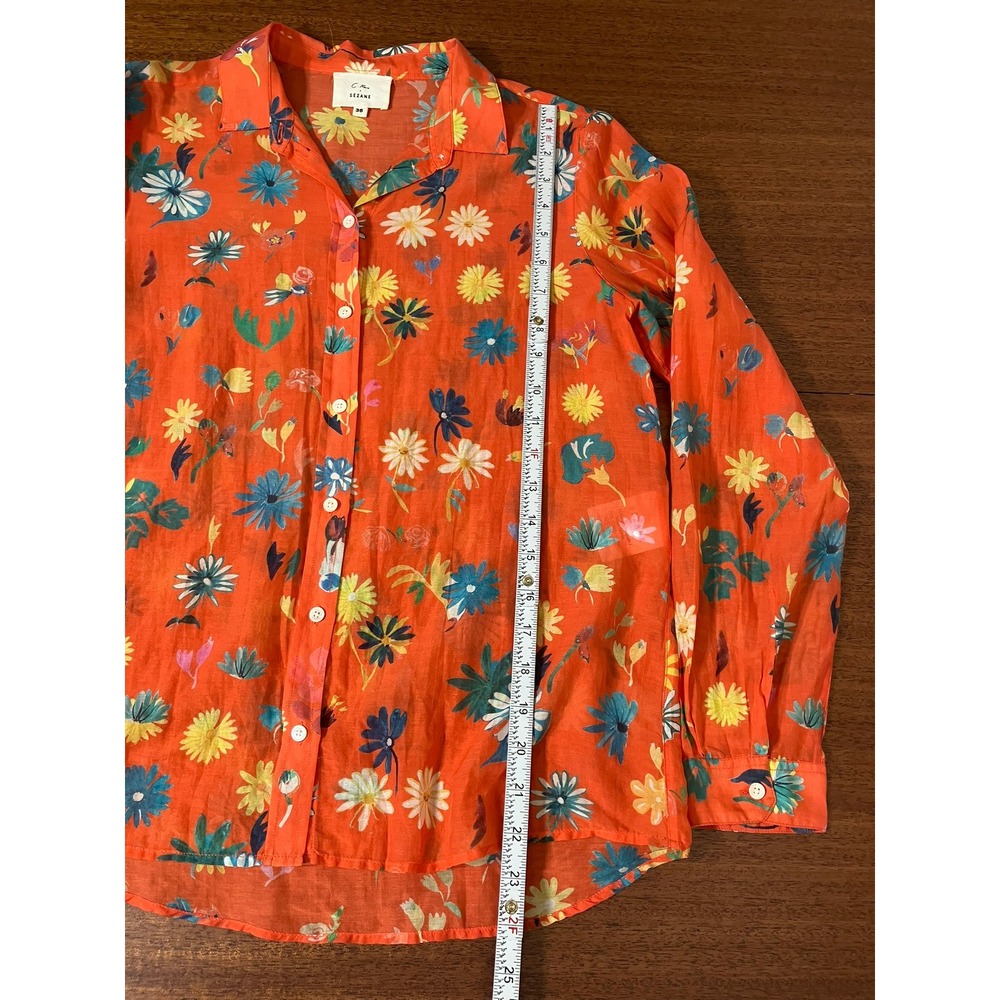 Sezane x C. Kero Floral Cotton Silk Blend Blouse Shirt Orange Daisy Print 36 EU - Picture 7 of 14